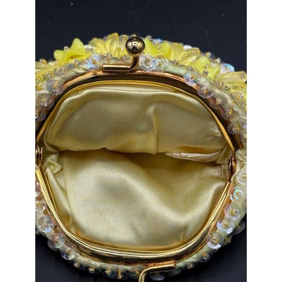 Vintage Dilill Yellow Beaded Coin Purse 50s Satin - Picture 4 of 6